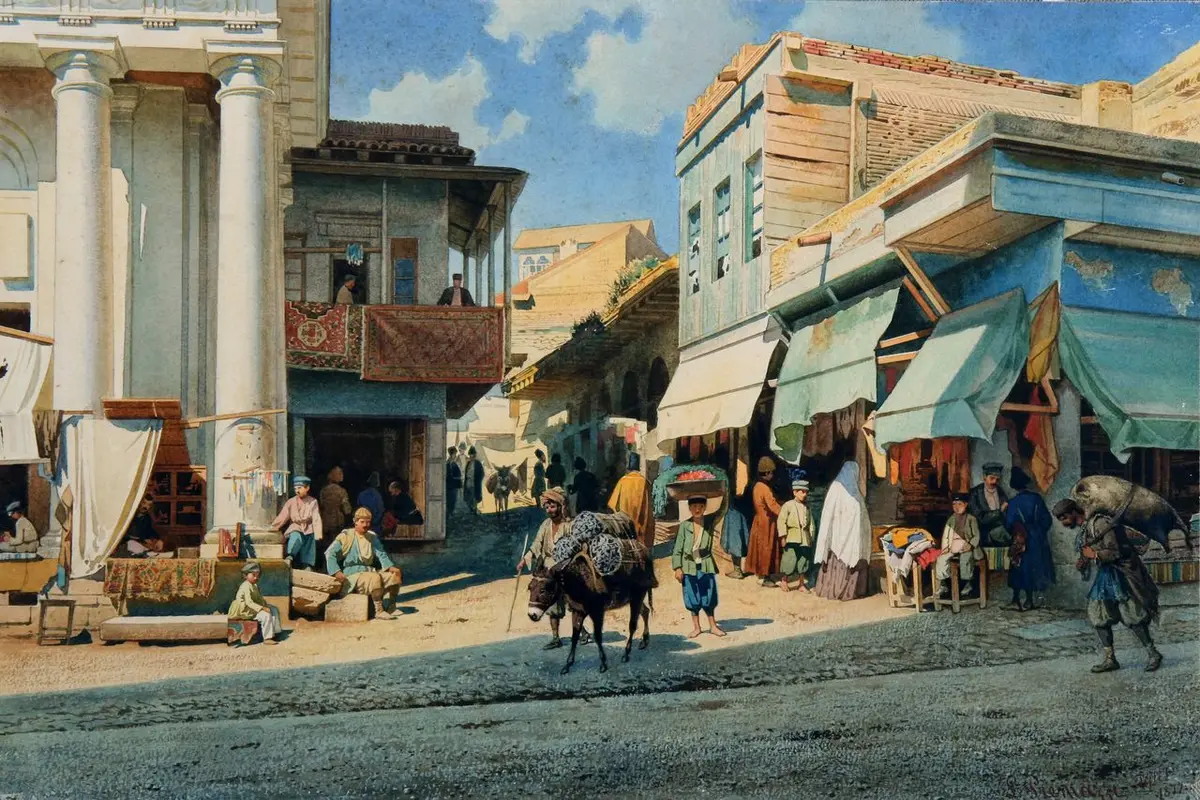 Watercolor of a busy street of shops with awnings in 19th-century Tiflis, with traders and a donkey