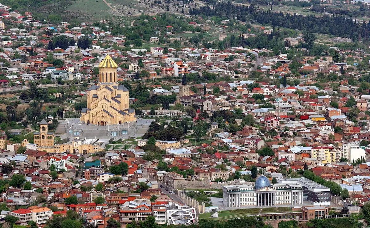 The Holy Trinity Cathedral with its golden dome rising above the rooftops of Avlabari