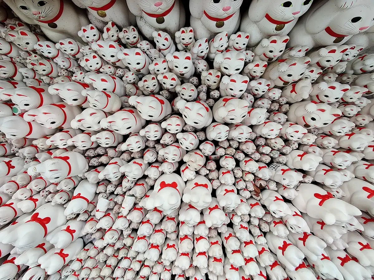 Hundreds of white beckoning cat figurines crowded together at Gōtokuji