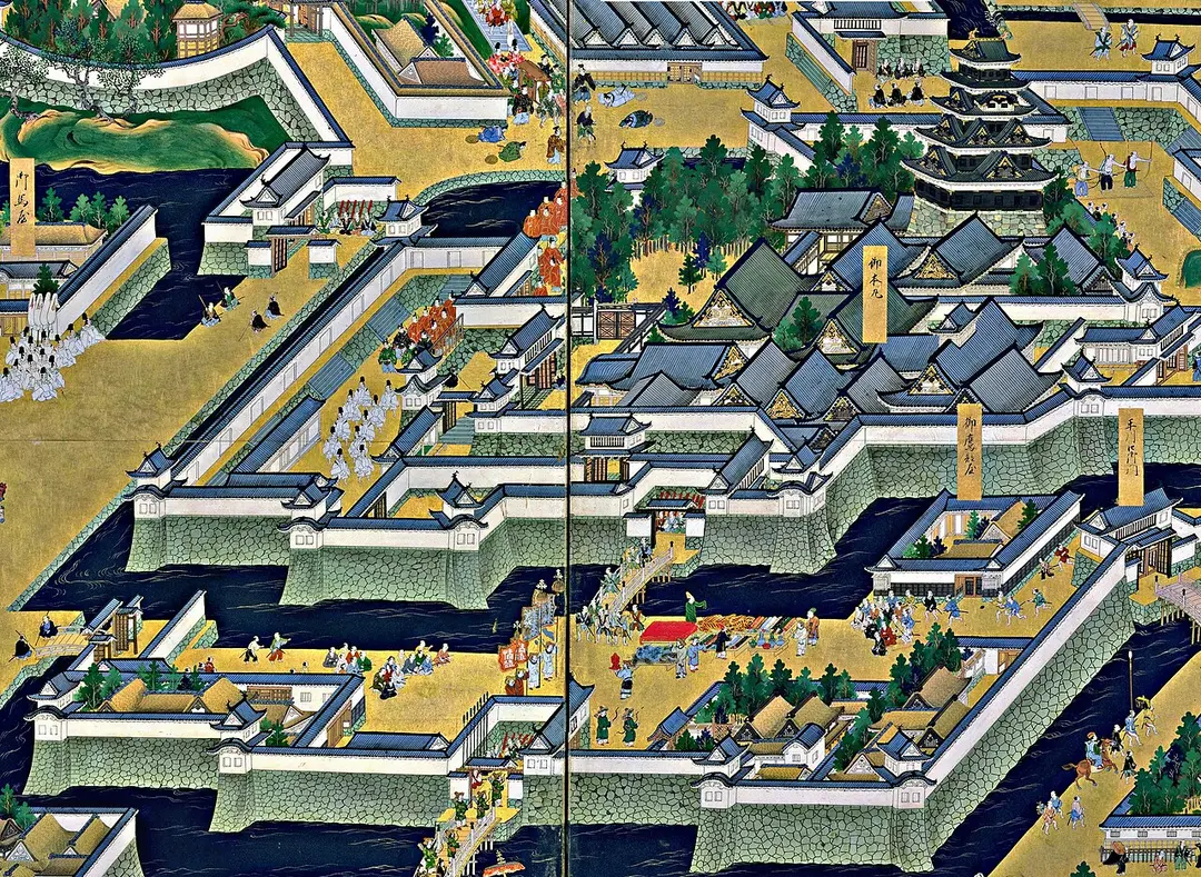 Painted folding screen showing the walls, gates and five-story keep of Edo Castle