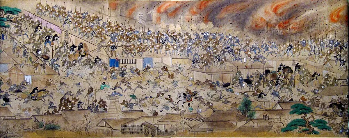 Painted scroll of crowds and riders filling the streets of Edo as flames and smoke fill the sky