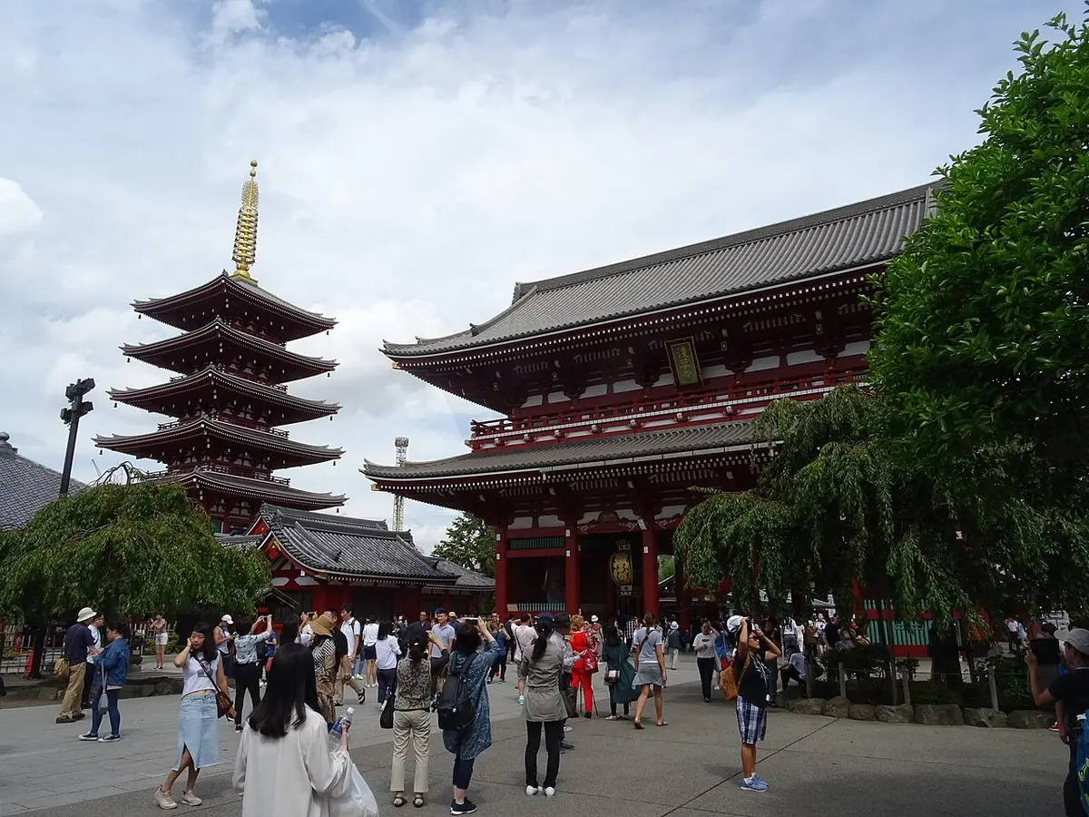 The five-story pagoda and the red Hōzōmon gate of Sensō-ji under a blue sky