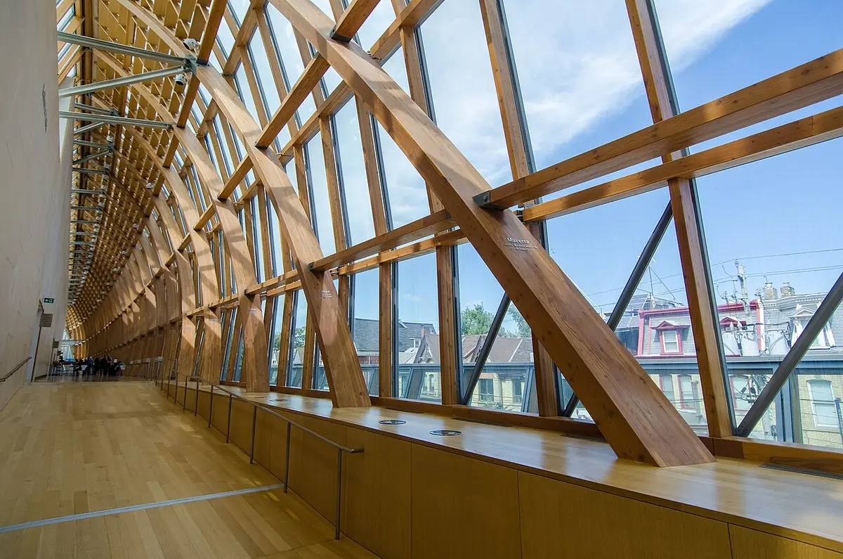 The curving timber ribs and glass wall of the Galleria Italia at the Art Gallery of Ontario