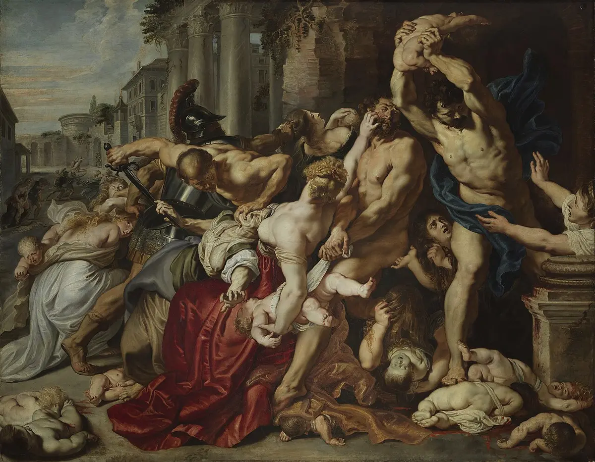 Rubens painting of soldiers seizing infants from struggling mothers before classical ruins