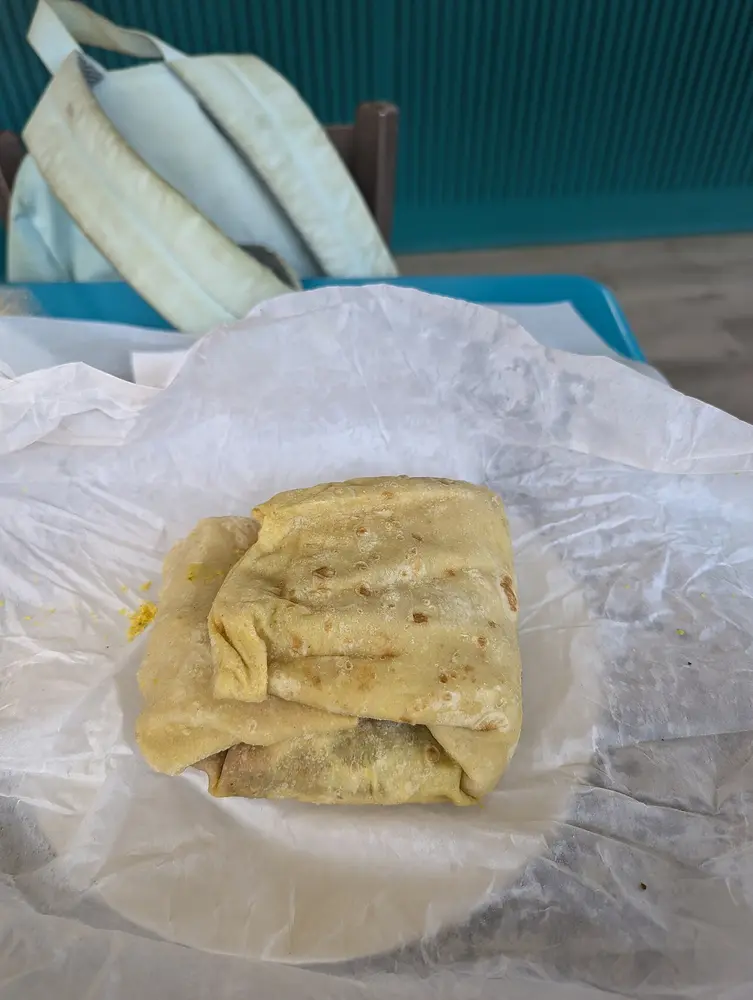 A folded Caribbean roti on white paper