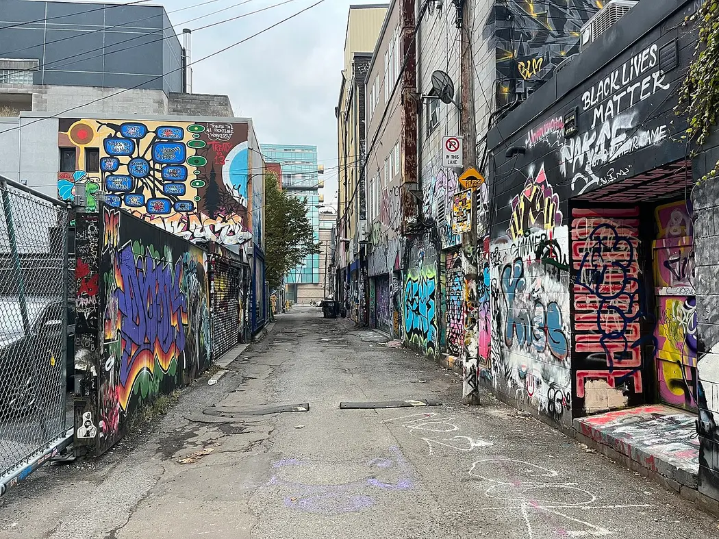 A long back lane with murals and graffiti covering the walls on both sides