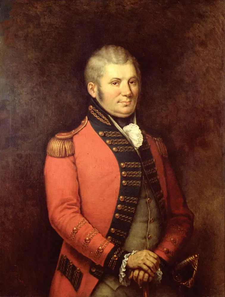 Portrait of John Graves Simcoe in a red officer’s coat with gold epaulettes