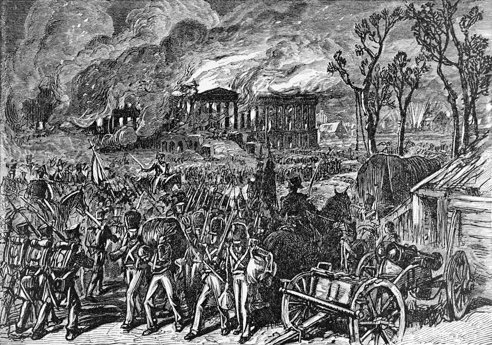 Engraving of British soldiers marching past the burning Capitol in Washington