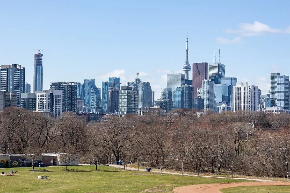 The downtown skyline and the CN Tower above bare trees, seen across the lawns of Riverdale Park