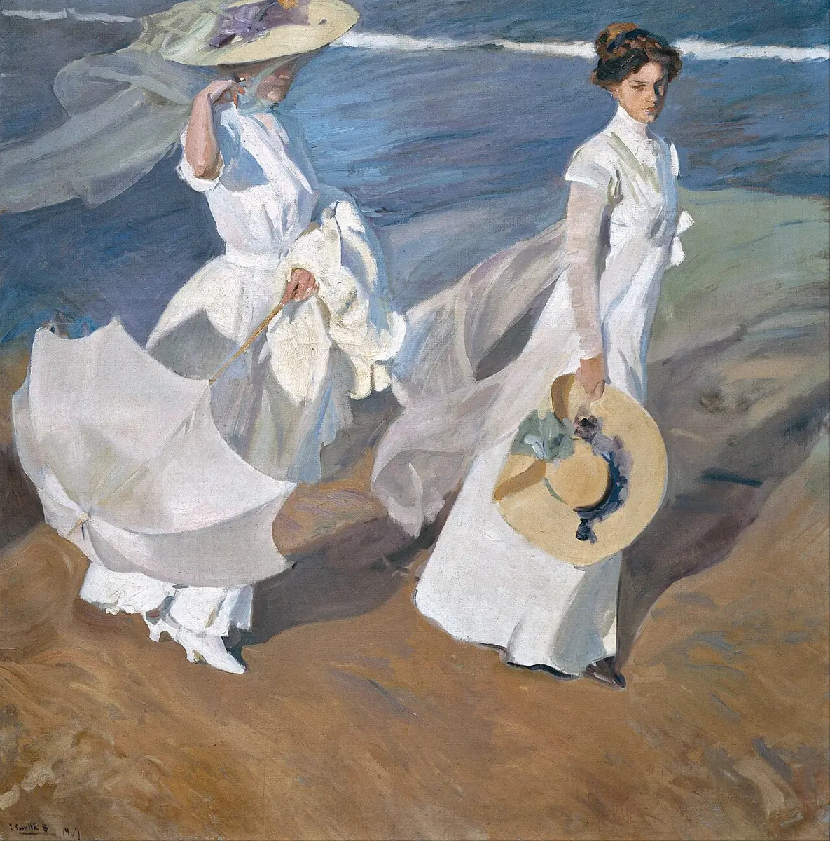 Painting of two women in white walking on a windy beach, one holding a parasol and the other a straw hat