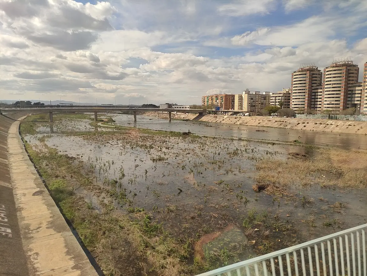 The wide new channel of the Turia between concrete banks, with pools of water and reeds, crossed by a bridge