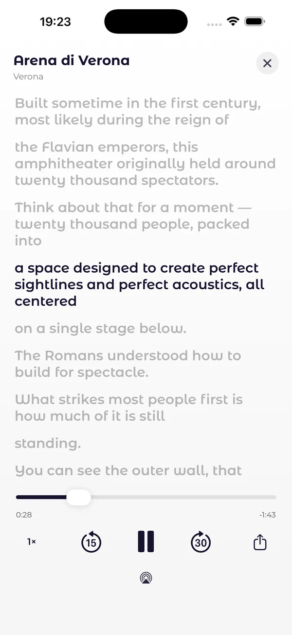 The audio guide for the Arena di Verona, with the words on screen as it plays