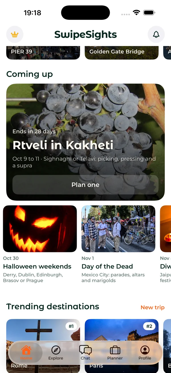 Home: festivals and seasonal events coming up, and trending destinations