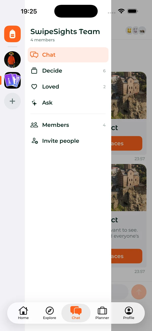 A crew's own space: chat, decide, loved places, ask, members and invites