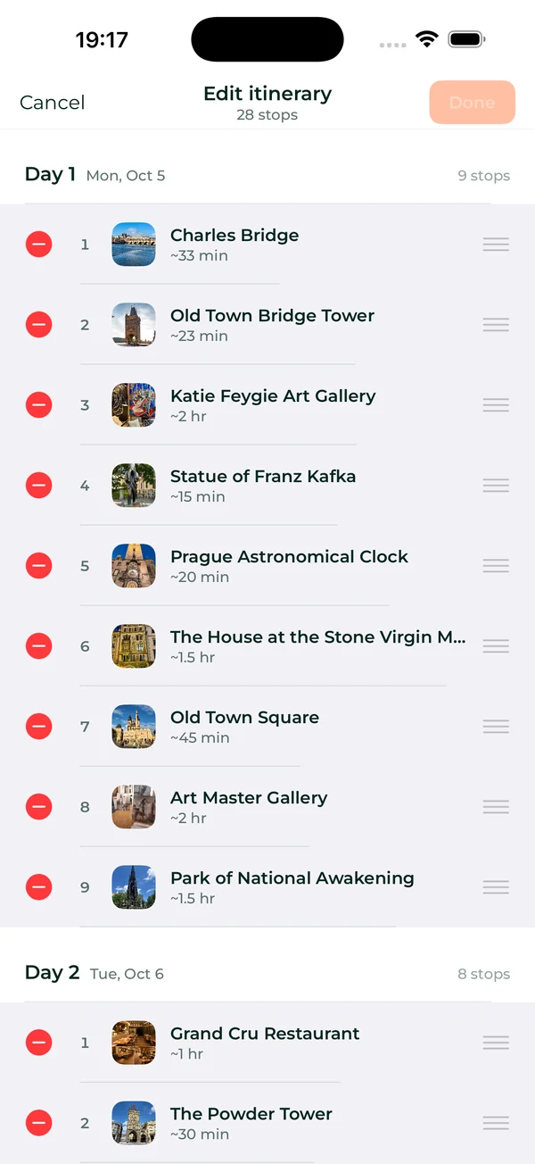 Editing the plan: the stops of each day in a list, ready to drag between days