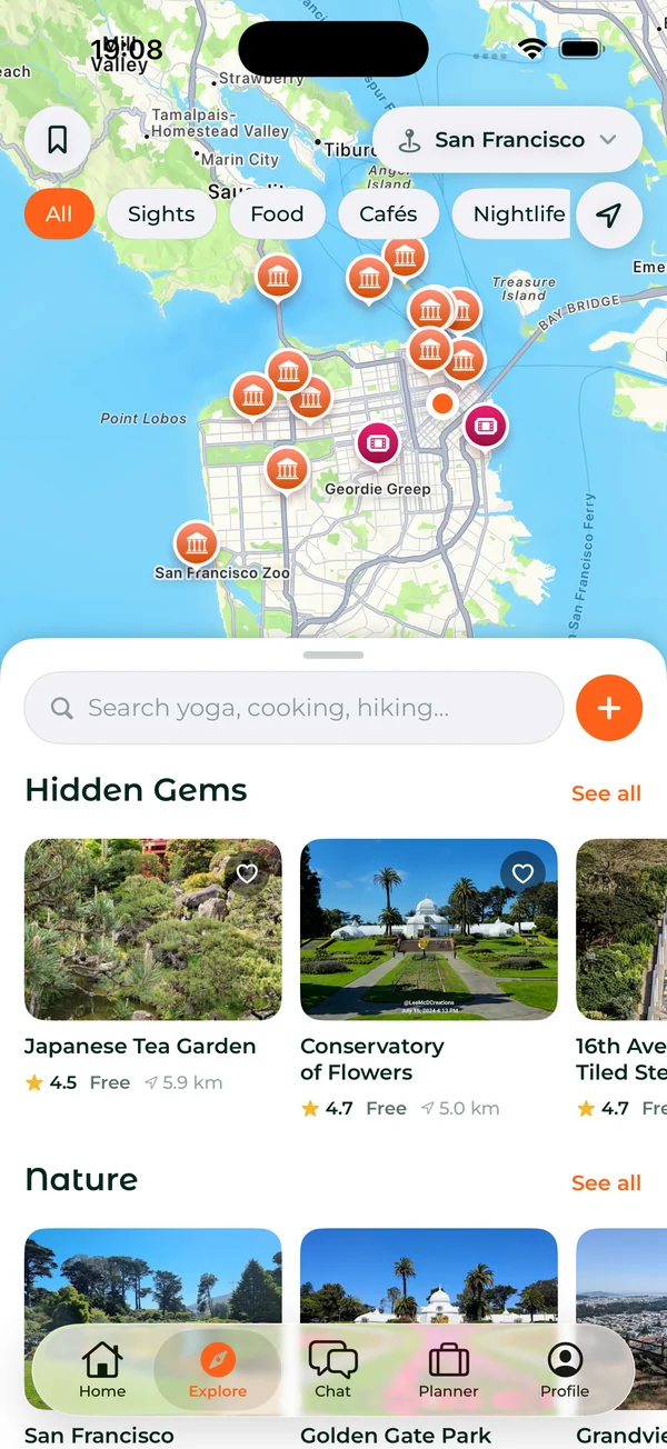 Explore in San Francisco: the city on a map by category, with Hidden Gems and Nature below