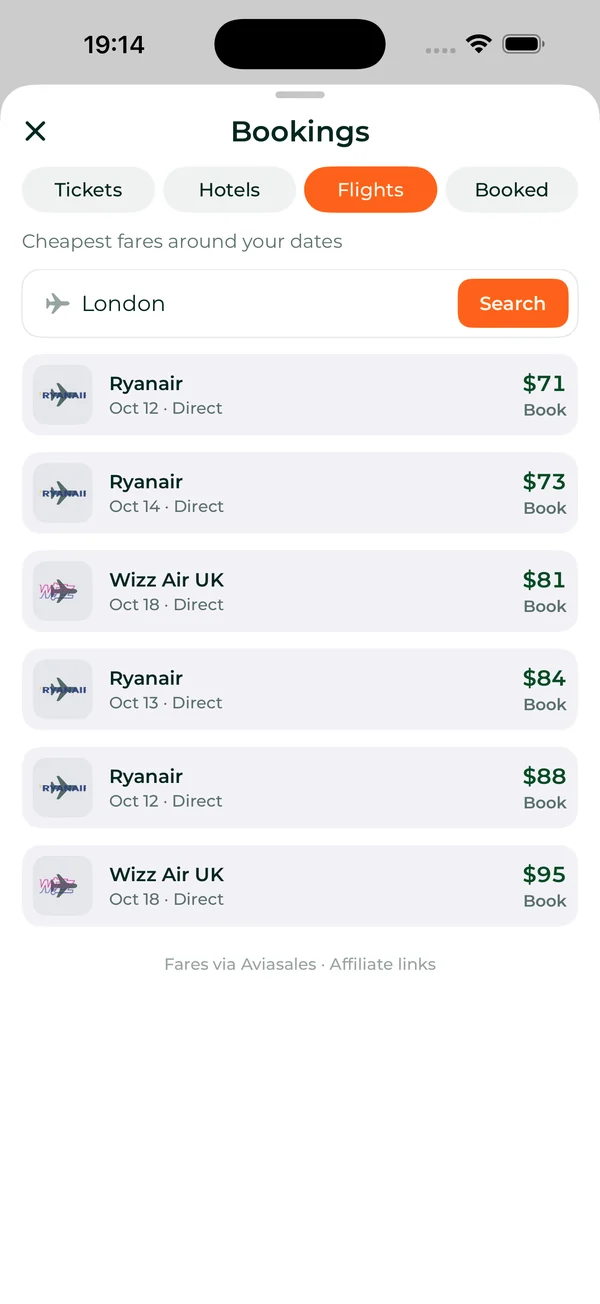 Flights from London for the trip dates, cheapest first