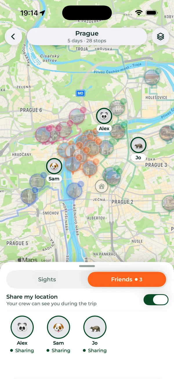 Three friends sharing their location on the Prague trip map, each with a live pin