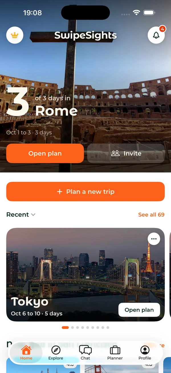 Home: a countdown for a Rome trip with Open plan and Invite, Plan a new trip, and recent trips