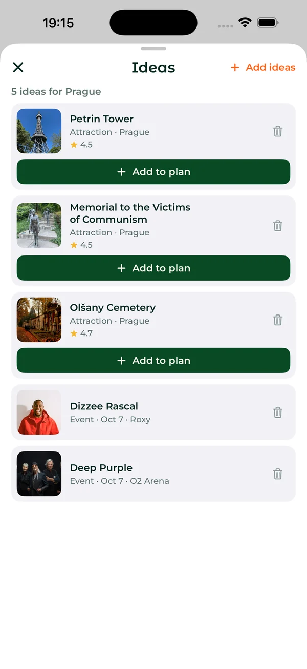 Ideas for a Prague trip: places and events saved for later, each with Add to plan