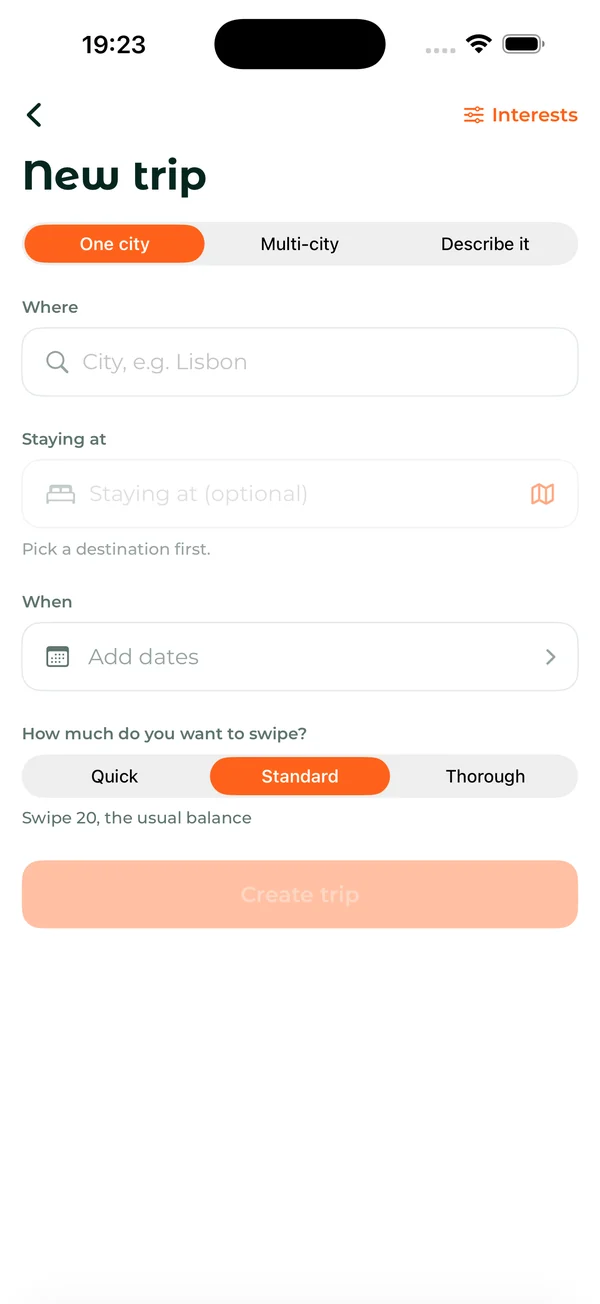Starting a trip in SwipeSights: the city, where you are staying, the dates and how much to swipe