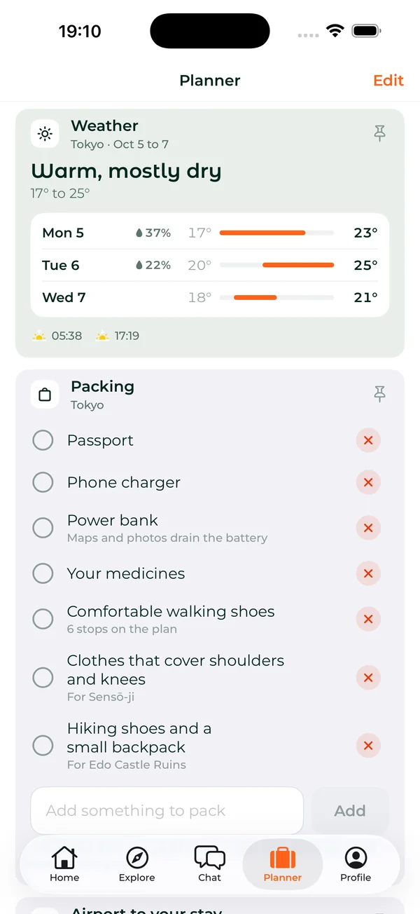 The Planner: the weather for the trip and a packing list