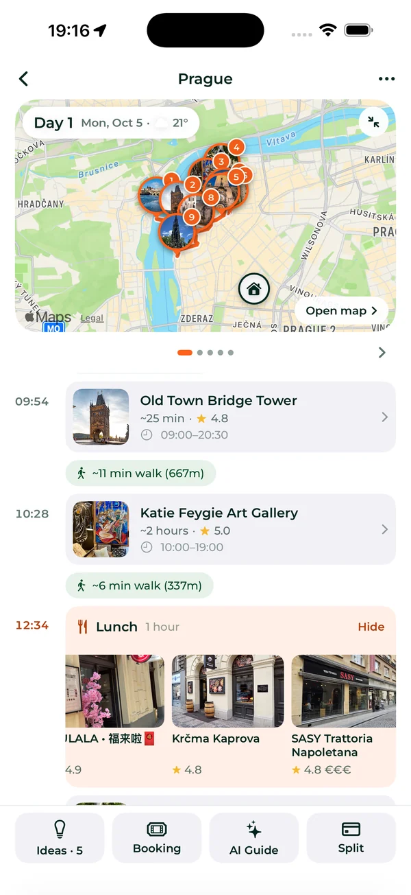 Day 1 of a Prague plan: the day on a map, then each stop with its time, opening hours and the walk to the next