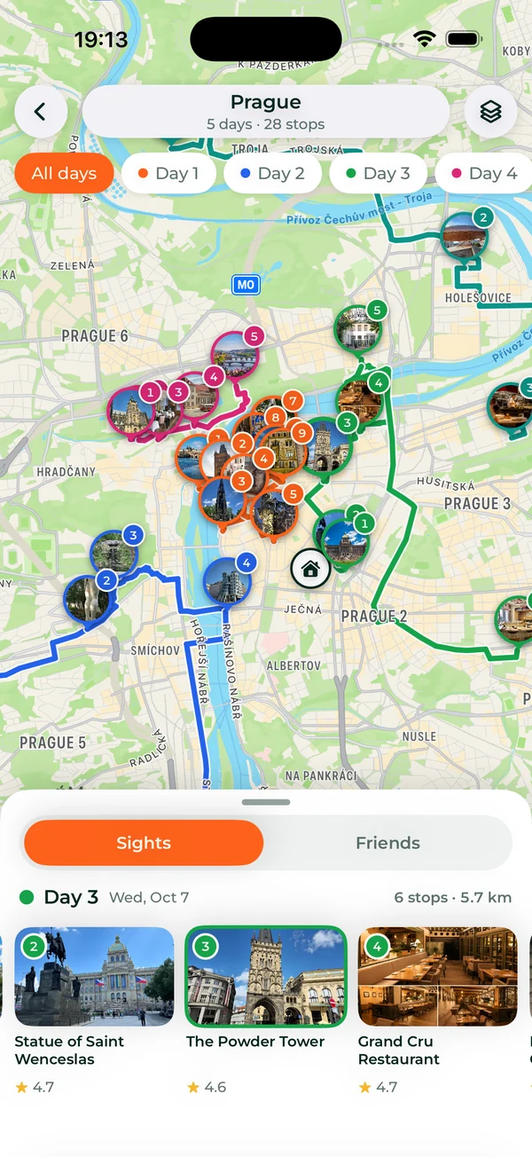 The whole Prague trip on one map, each day of stops numbered in its own color