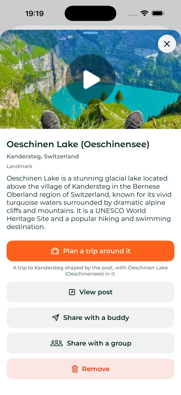 A saved post of Oeschinen Lake with Plan a trip around it, and sharing it with a friend or a group