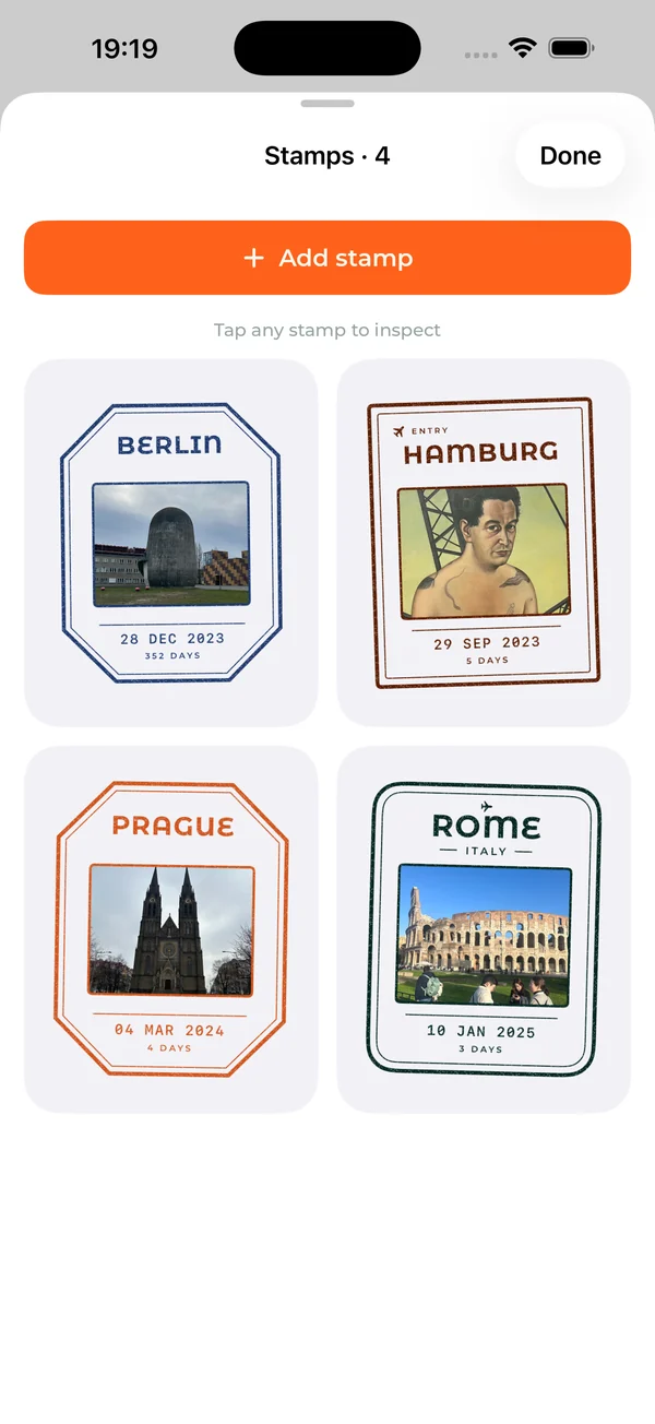 Passport stamps for trips to Berlin, Hamburg, Prague and Rome