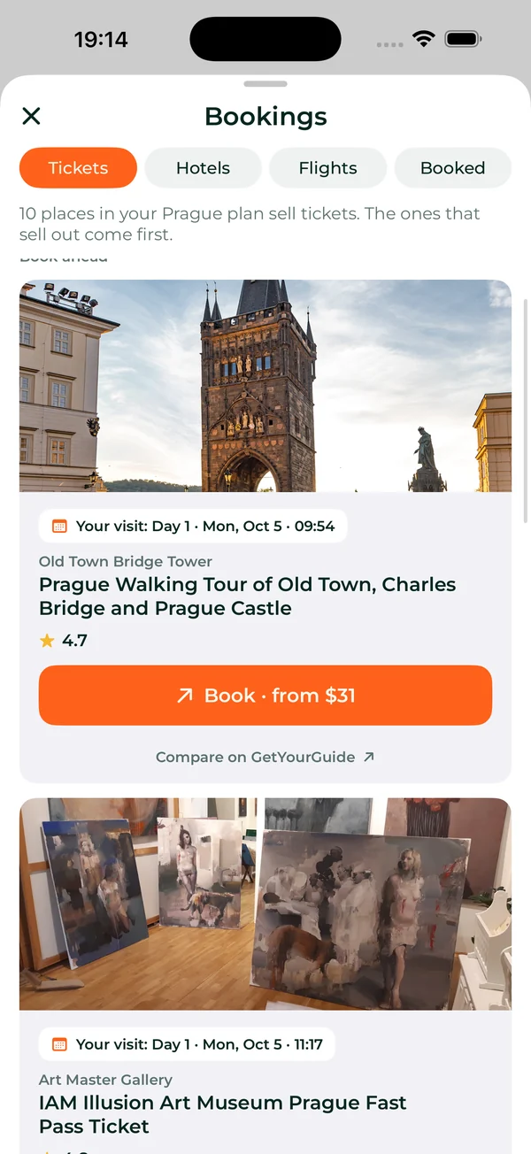 Tickets for a Prague plan: the stops that sell them, each with the day and time of the visit and a Book button