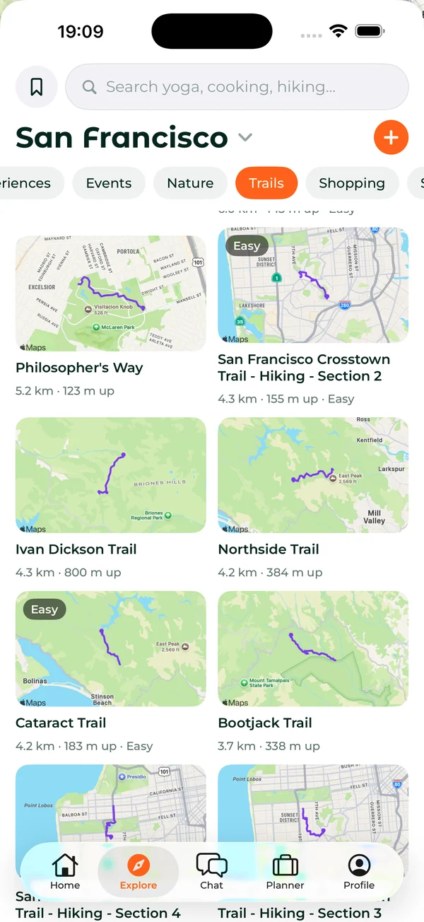Trails near San Francisco, each with its map, distance and climb
