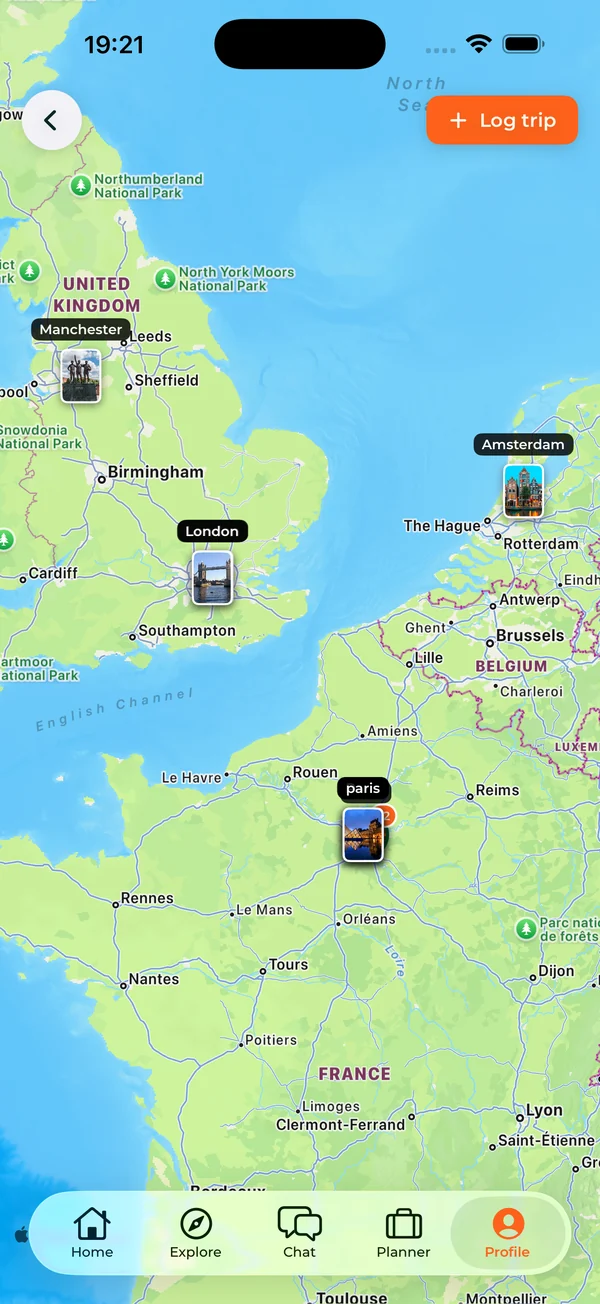 The travel map: trips across Britain and France, with a button to log a trip