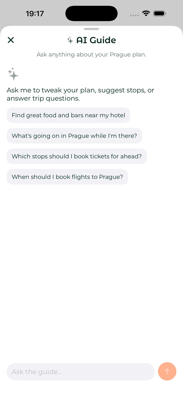 The trip guide: ask it to change the plan, suggest stops or answer questions about Prague