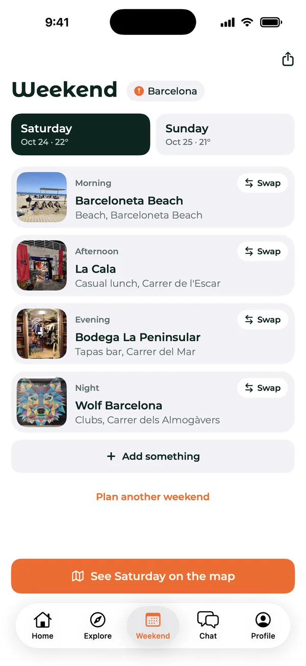 A planned Saturday in Barcelona in the Weekend tab: Barceloneta Beach in the morning, lunch at La Cala, tapas at Bodega La Peninsular in the evening and Wolf Barcelona at night