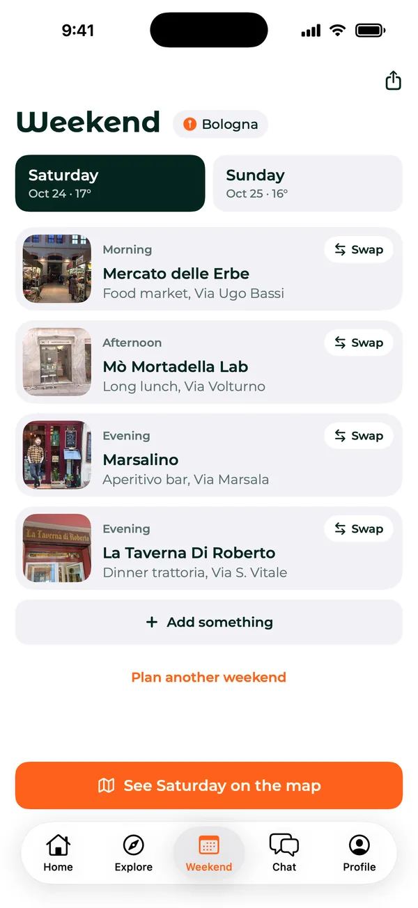 A planned Saturday in Bologna in the Weekend tab: Mercato delle Erbe in the morning, Mò Mortadella Lab in the afternoon, then Marsalino and La Taverna di Roberto in the evening