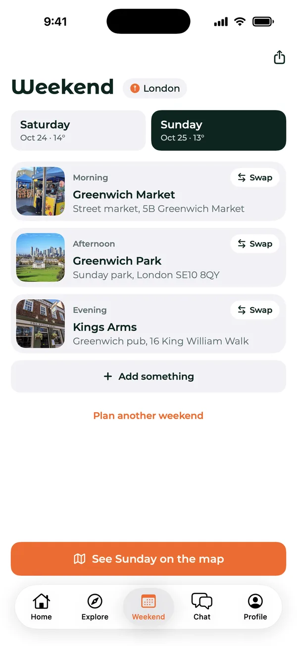 A planned Sunday in London in the Weekend tab: Greenwich Market in the morning, Greenwich Park in the afternoon and the Kings Arms pub in the evening, each with a Swap button
