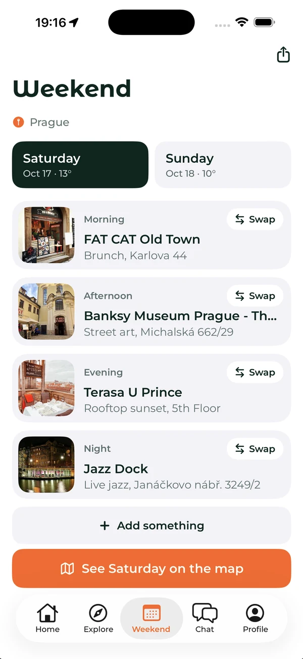 A planned weekend in Prague in the Weekend tab: Saturday with brunch in the morning, street art in the afternoon, a rooftop in the evening and live jazz at night, each with a Swap button