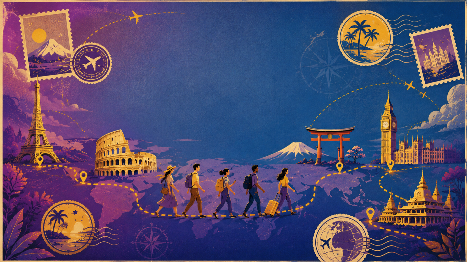 SwipeSights 2.0 illustration: a group of travelers walking a golden dotted route across a world map past the Eiffel Tower, Colosseum, a torii gate, and Big Ben, surrounded by passport and postage stamps