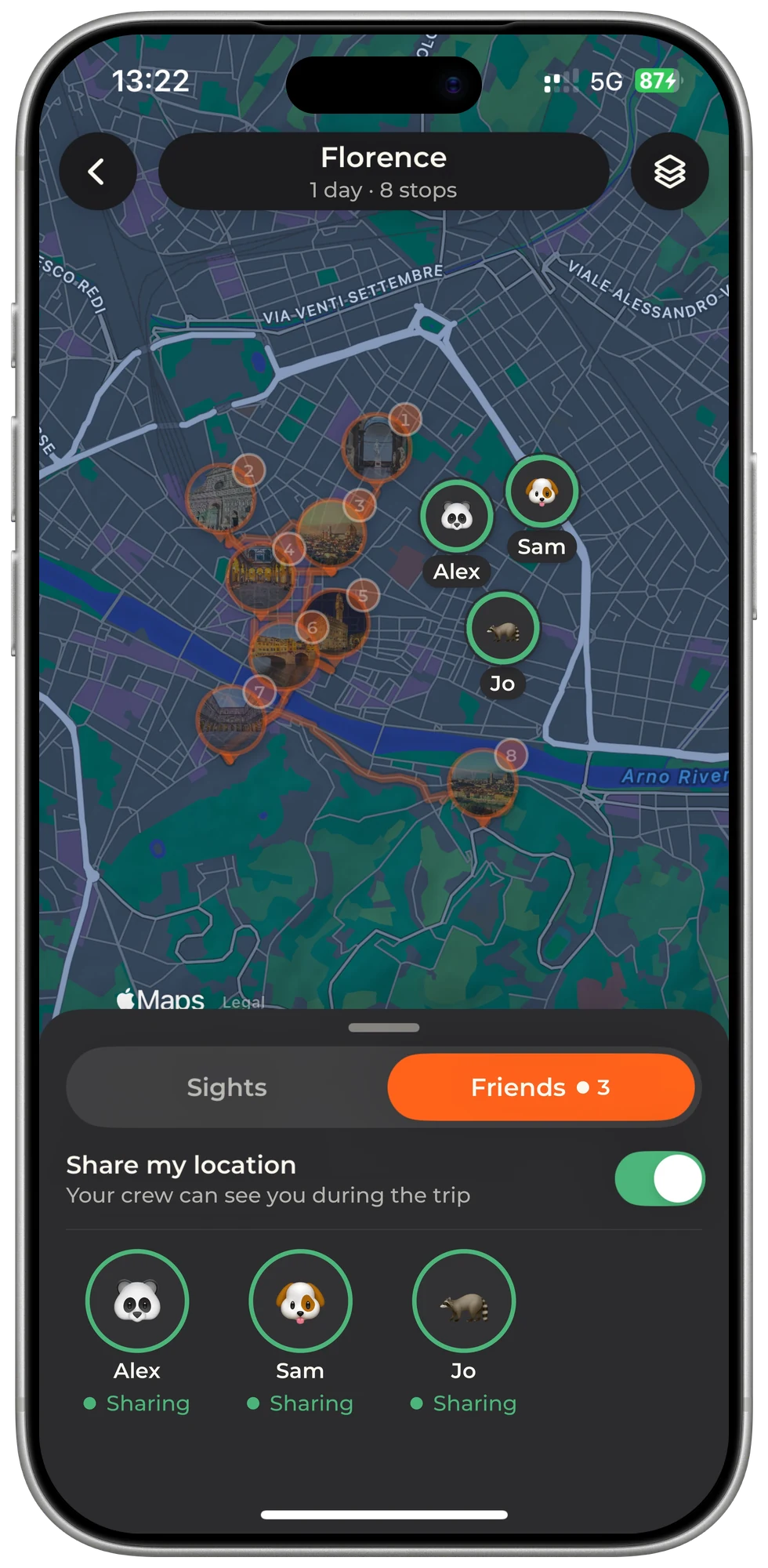 The trip map in SwipeSights: a day's stops in Florence and three colleagues, Alex, Sam and Jo, sharing their location together, with the three of them listed as sharing below