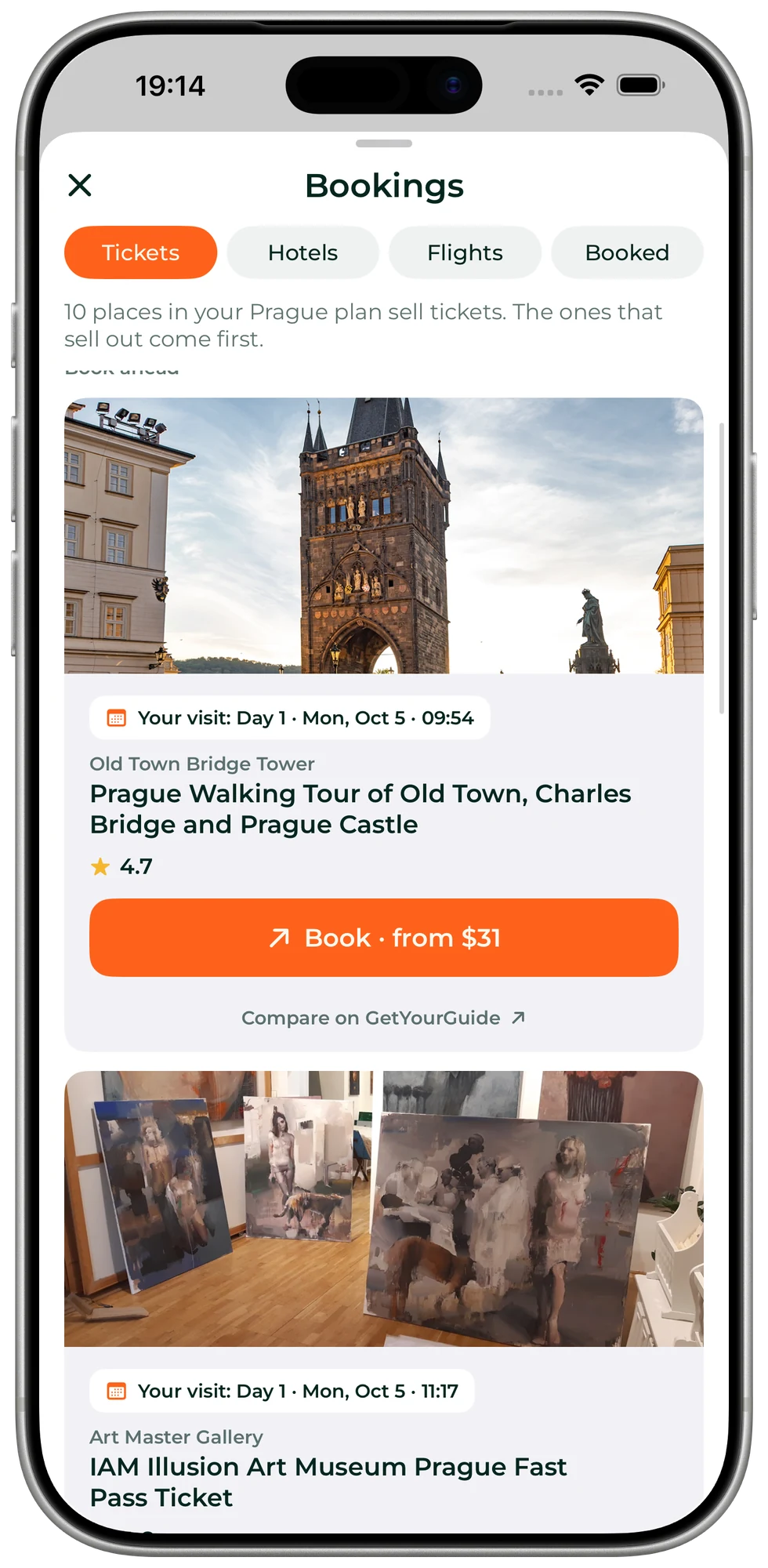 Bookings for a Prague trip: the stops in the plan that sell tickets, each with the day and time of the visit and a Book button